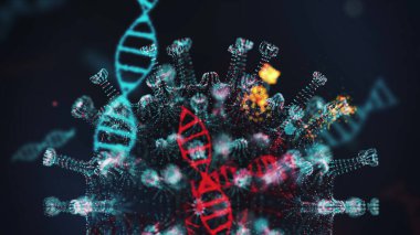 Koronavirüsün 3 boyutlu görüntülenmesi. Patojenler ve DNA iplikçikleri yuvarlak gök mavisi hücre olarak gösteriliyor. Etrafında sivri uçlar ve DNA sarmalları var. Tehlikeli virüs türünün animasyon konsepti. 3d