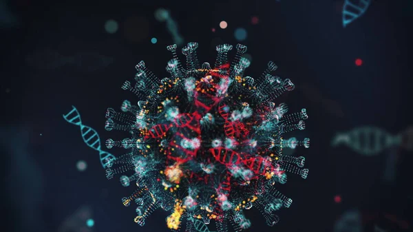 Modelo digital de coronavirus COVID-19 y hebra de ADN que se muestra como células redondas de color azul con púas y hélices de ADN a su alrededor sobre fondo negro. Concepto animado de cepa de virus peligrosa. representación 3d en 4K —  Fotos de Stock