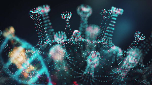 Digital model of coronavirus COVID-19 and dna strand shown as round azure cell with spikes and DNA helixes around it on black background. Animated concept of dangerous virus strain. 3d rendering in 4K