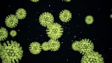 Virüs Coronavirus 2019-nCoV enfeksiyon görselleştirme. Mikrop kapmış insanların içindeki patojen hücreleri siyah zemin üzerinde neon yeşil küresel mikroorganizmalar olarak gösteriliyor. Canlandırılmış 3D görüntüleme 4K video kapatma.
