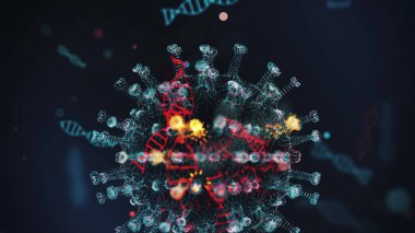 Coronavirus COVID-19 'un dijital modeli ve DNA ipliği, siyah arka planda sivri uçlu ve DNA sarmalı olan yuvarlak bir gök mavisi hücresi olarak gösteriliyor. Tehlikeli virüs türünün animasyon konsepti. 4K içinde 3D görüntüleme