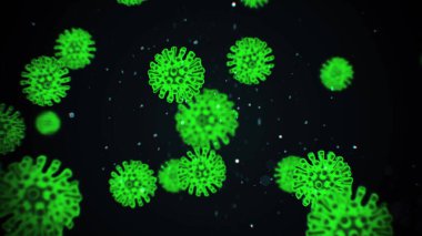 Virus infection visualization. Coronavirus 2019-nCoV pathogen cells inside infected human shown as pink colored spherical microorganisms on a black background. Animated 3d rendering close up 4K video.