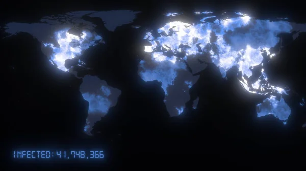 Παγκόσμιος χάρτης της πανδημίας του Coronavirus COVID-19. Ο ιός εξαπλώνεται από την Κίνα σε όλο τον κόσμο. Σκοτεινές κυρίως πόλεις με μπλε μολυσμένες πόλεις με στατιστικά στοιχεία. 3d rendering concept background. — Φωτογραφία Αρχείου