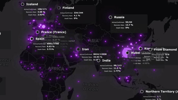 Coronavirus COVID-19 pandemic world map. Epidemic is spreading from wuhan over the world. Dark mainlands with purple infected cities and statistics. 3d rendering animation concept background in 4K.