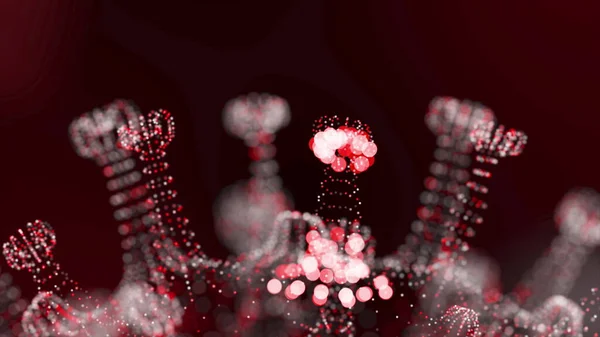 Wizualizacja 3D koronawirusa. Patogeny i pasmo DNA pokazane jako okrągła lazurowa komórka z kolcami i helisami DNA wokół niej na czarnym tle. Animowana koncepcja niebezpiecznego szczepu wirusa. 3d — Zdjęcie stockowe
