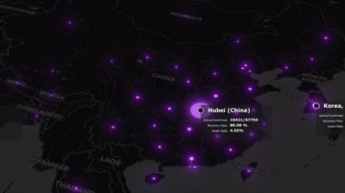 Coronavirus COVID-19 salgın dünya haritası. Wuhan salgını tüm dünyaya yayılıyor. Mor hastalıklı şehirleri ve istatistikleri olan karanlık topraklar. 4K içerisindeki 3d canlandırma kavramı.