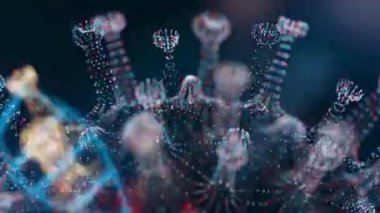 Mikroskop altında mikrop kapmış organizmanın içindeki Coronavirus 2019-ncov patojeni siyah arka plandaki kırmızı renkli hücreler gibi. Salgına yol açan tehlikeli virüs vakaları. 4k videosunda 3D görüntüleme.