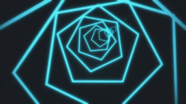 Siyah zemin üzerinde parlak turuncu neon çizgiler hareket eden beşgen tüneli oluşturuyor. Soyut 3D görüntüleme 4k.