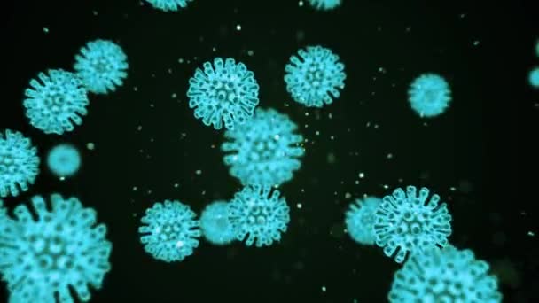 Rappresentazione animata virtuale delle cellule del coronavirus covid19 che si muovono all'interno dell'organismo infetto sotto forma di luminosi microrganismi azzurri su uno sfondo nero. Concetto astratto 3d rendering 4K video. — Video Stock