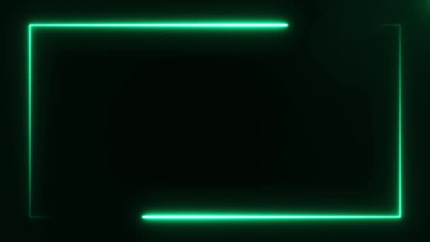 Två lime färg neon linjer som rör sig och utgör rektangel ram över skärmen gränsen på svart bakgrund. 3D-rendering 4k video. — Stockvideo