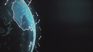 Dijital dünya veri küresi - soyut üç boyutlu uydu görüntüleme uyduları dünya ile bağlantı kuruyor. Uydular gezegeni çevreleyen bir ağ ya da gökyüzü köprüsü oluşturur. Karmaşıklık taşıyan büyük veriler taşar.