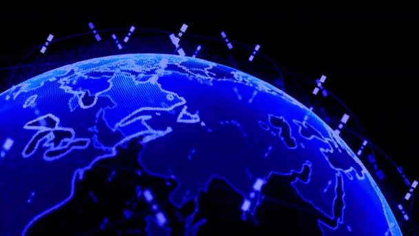 Digitale aarde data globe - abstracte 3D rendering satellieten starlink video netwerk verbinding met de wereld. satellieten maken oneweb of skybridge omringende planeet overbrengen complexiteit big data vloed — Stockvideo