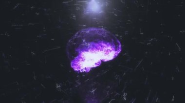 Beynin dönen hologramı. Hareket eden çizgiler, noktalar ve üçgenlerle soyut geometrik arkaplan. İnsan beyninin bilimsel anatomi taraması. 3d hazırlayıcı