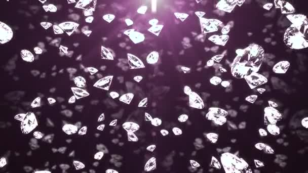 Falling diamonds with shining edges on lilac background. luxury living concept. 3d rendering — Stock Video