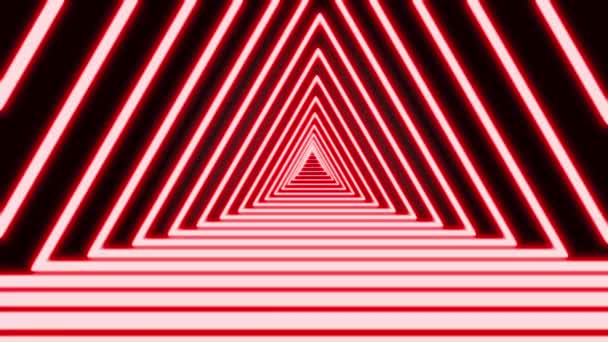 Abstract purple neon lines are crossing and forming triangle tunnel on black background. Geometric background of narrow neon crossed stripes. 3D rendering 4k video. — Stock Video