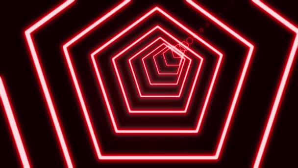 Абстрактный туннель лазурных неоновых пятиугольников на черном фоне, образованный яркими цветными пересекающимися линиями. Искусство, коммерческая и деловая концепция движения фон. 3D рендеринг 4K видео . — стоковое видео