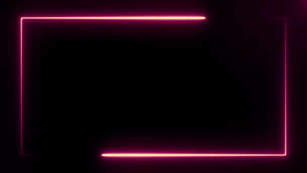 Ljus lila neon ram vid skärmkanten bildas av två rörliga linjer på svart bakgrund. Abstrakt bakgrund 3D-rendering 4k video. — Stockvideo