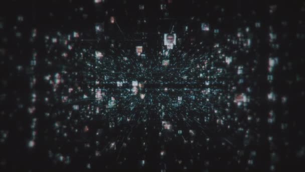 Sociální síť s proudem nerozpoznatelných lidí portréty spojené tmavě modrou síťovou mřížkou v černém kyberprostoru pozadí. 3D vykreslování 4K záznamu. — Stock video