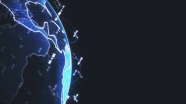 Soyut 3D görüntüleme uyduları yıldız bağlantı ağı, dijital dünya veri küresi - dünyayı birbirine bağlar. Uydular gezegeni çevreleyen bir ağ ya da gökyüzü köprüsü oluşturur. Karmaşıklık taşıyan büyük veriler taşar.