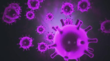 Siyah zemin üzerinde hareket eden mor küresel mikroorganizmalar olarak gösterilen enfekte organizmanın içindeki 3D Coronavirus 2019 nCoV patojen hücrelerinin animasyon modeli. Soyut 3D görüntüleme 4K video kapatma.