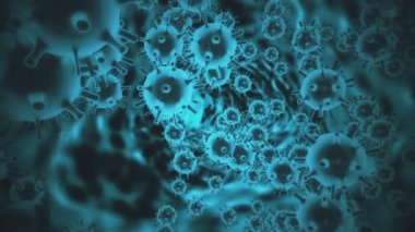Domuz gribi virüsü H1N1 enfeksiyon konsepti. Virüs hücreleri, karanlık uzay arka planında neon mavi küresel mikroorganizmalar olarak gösterilen enfeksiyon kapmış insanların içinde. 4K görüntüleme 3D soyut.