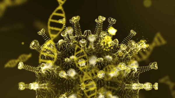 Representación animada virtual de células patógenas coronavirus 2019-nCoV dentro del organismo infectado que se muestra como microorganismos esféricos verdes que se mueven sobre un fondo negro. Vídeo abstracto 3D renderizado 4K. —  Fotos de Stock