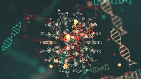 Virtual animated representation of coronavirus 2019-nCoV cells inside infected organism shown as red spherical microorganisms moving on a black background. Abstract 3d rendering close up 4K video.