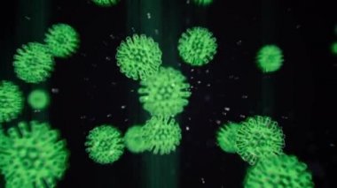 Siyah zemin üzerinde hareket eden mor küresel mikroorganizmalar olarak gösterilen enfekte organizmanın içindeki 3D Coronavirus 2019 nCoV patojen hücrelerinin animasyon modeli. Soyut 3D görüntüleme 4K video kapatma.