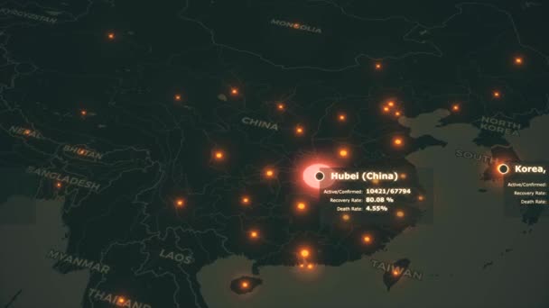 Pandemik dari coronavirus COVID-19 menyebar dari wuhan di Cina melalui daratan gelap dengan titik-titik berwarna oranye dari kota-kota yang terinfeksi dan statistik. 3d render animasi peta dunia latar belakang dalam 4K. — Stok Video