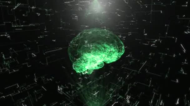 Искусственный интеллект Голограмма сканирования мозга человека концепция искусственного интеллекта Светящиеся частицы света организованы в формировании модели мозга человека вращение 360 градусов 3d рендеринг анимированного фона — стоковое видео