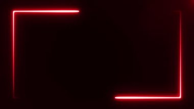 Siyah zemin üzerinde hareket eden iki parlak kırmızı neon ışıklandırma hattı ve ekran kenarı üzerinde dikdörtgen çerçeve oluşturur. Soyut arkaplan 3D görüntüleme 4k.