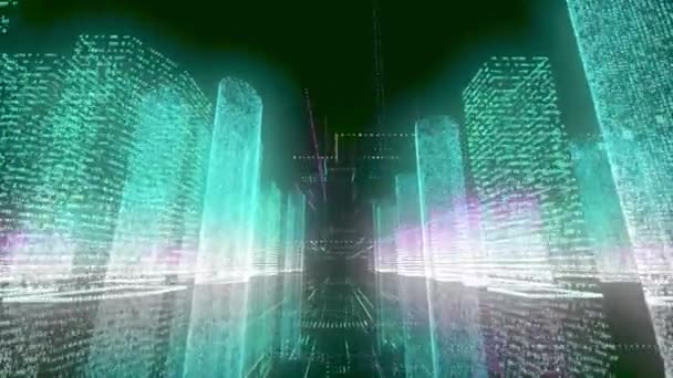 Astratto wireframe brillante città in colori azzurri e bianchi luminosi sono costituiti da particelle collegate in linee e massive. Contesto della tecnologia digitale e della comunicazione. Rendering 3D 4k video . — Video Stock