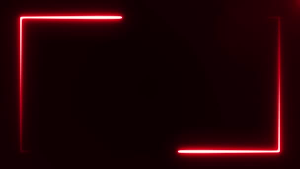 Deux lignes lumineuses au néon de couleur rouge vif se déplaçant sur fond noir et constituent un cadre rectangle sur le bord de l'écran. Fond d'écran abstrait rendu 3D vidéo 4k .