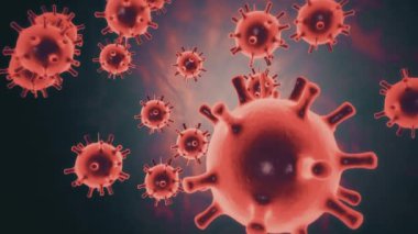 Covid19 Coronavirus 'un virüs hücreleri karanlık arka planda yüzen parlak kırmızı hücreler şeklinde kan damarının karanlık boşluğunda hareket ediyorlar. 4K video oluşturma soyut 3D Viroloji kavramı.