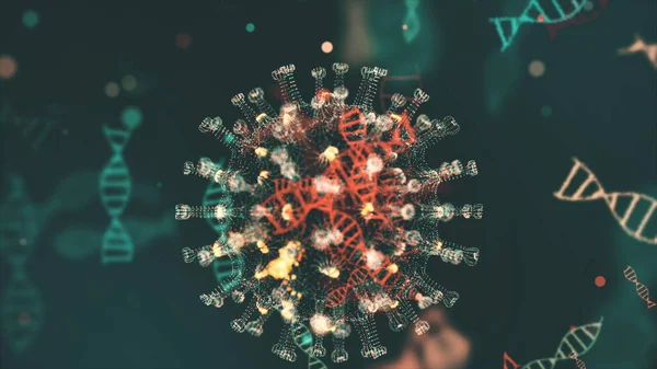 Representación animada virtual de células coronavirus 2019-nCoV dentro del organismo infectado que se muestra como microorganismos esféricos rojos que se mueven sobre un fondo negro. Abstracto 3d renderizado primer plano vídeo 4K. —  Fotos de Stock