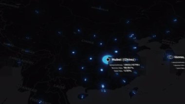 Çin 'deki Wuhan' dan yayılan Coronavirus COVID19 salgınının animasyon dünya haritası. Hastalık istatistikleriyle mavi renkli şehirleri olan siyah harita. 4K içerisindeki 3d canlandırma kavramı.