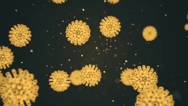 COVID19 οπτικοποίηση έννοιας του κορωναϊού. Τα κύτταρα του ιού είναι μέσα σε μολυσμένο άνθρωπο και εμφανίζονται ως νέον κίτρινο χρώμα σφαιρικοί μικροοργανισμοί σε μαύρο φόντο. Αφηρημένη κινούμενη 3d απόδοση 4K βίντεο. — Αρχείο Βίντεο