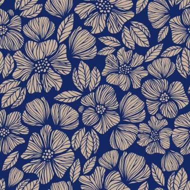 Çiçekler ve bitkiler ile sorunsuz doku. Çiçek süsleme. Özgün çiçek desenli. El çizimi. Mavi ve altın.