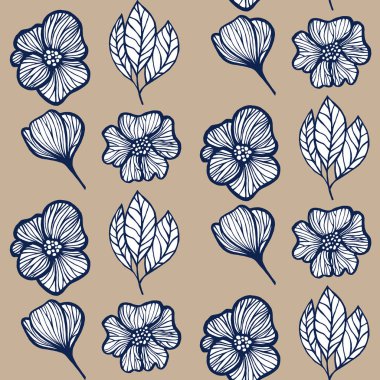 Çiçekler ve bitkiler ile sorunsuz doku. Çiçek süsleme. Özgün çiçek desenli. El çizimi. Mavi ve beyaz altın.