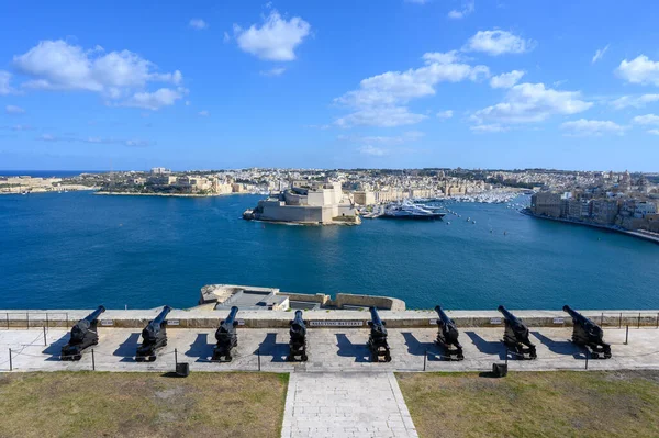 Groet Batterij Valletta Malta Met Uitzicht Steden — Stockfoto