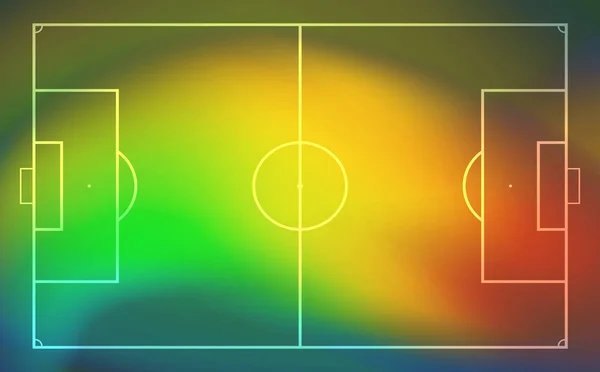 Fotbalové nebo fotbalové hřiště s mapou tepla pro pohybování a umísťování hráčů během hry. Statistika nebo strategie fotbalových her. — Stockový vektor