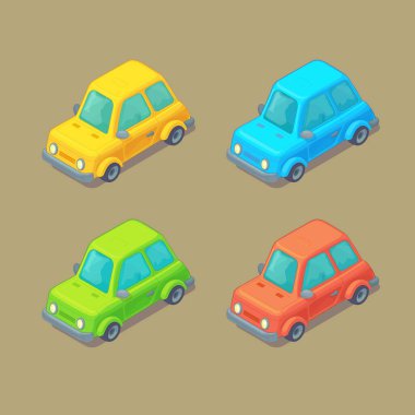 Bir dizi izometrik araba. Çizgi film tarzı. Şehir ulaşımı.