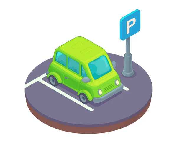 Parkovací plocha s autem a silniční značkou. Stock Ilustrace
