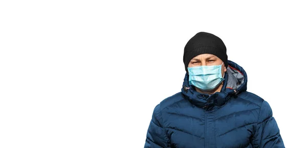 Homem Azul Máscara Médica Protetora Fundo Branco — Fotografia de Stock
