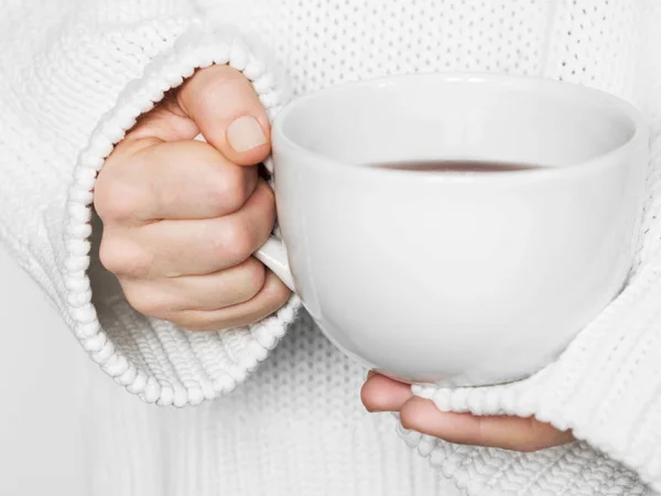 Woman Warm White Sweater Holding White Mug Hands — Stock Photo, Image