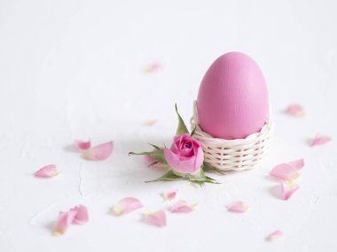 Pembe yumurta ve kopya alanı beyaz zemin üzerine gül ile Paskalya tebrik kartı.