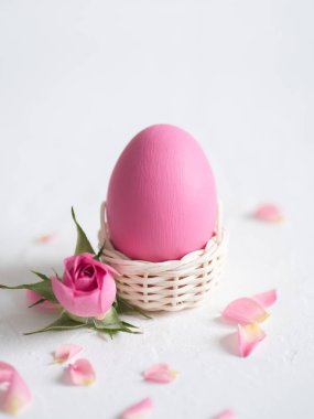 Dekoratif Paskalya yumurtası ve kopya alanı beyaz zemin üzerine pembe Gül yakın çekim.