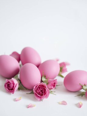 Paskalya yumurtaları ve kopya alanı beyaz zemin üzerine pembe Gül ile Paskalya tebrik kartı.