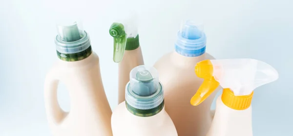 Set Botellas Etiqueta Blanco Para Maqueta Embalaje Detergente Limpieza Sobre — Foto de Stock