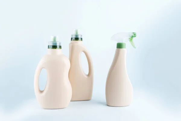 Set Botellas Etiqueta Blanco Para Maqueta Embalaje Detergente Limpieza Sobre — Foto de Stock